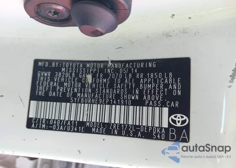 2014 Toyota Corolla L z USA, uszkodzony, nr VIN 5YFBURHE9EP141910